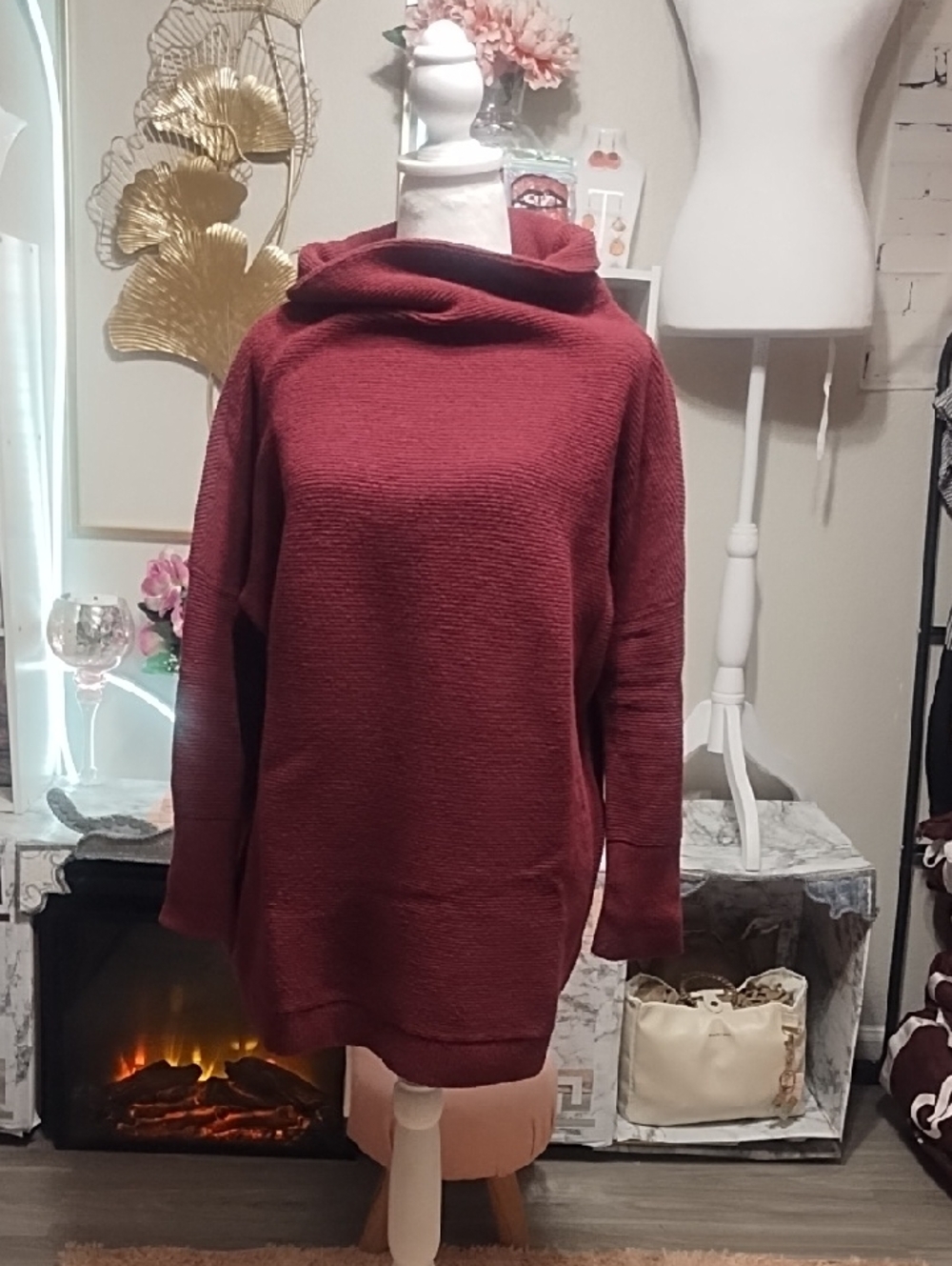 Free People Wine Red Cowl Neck Tunic Sweater